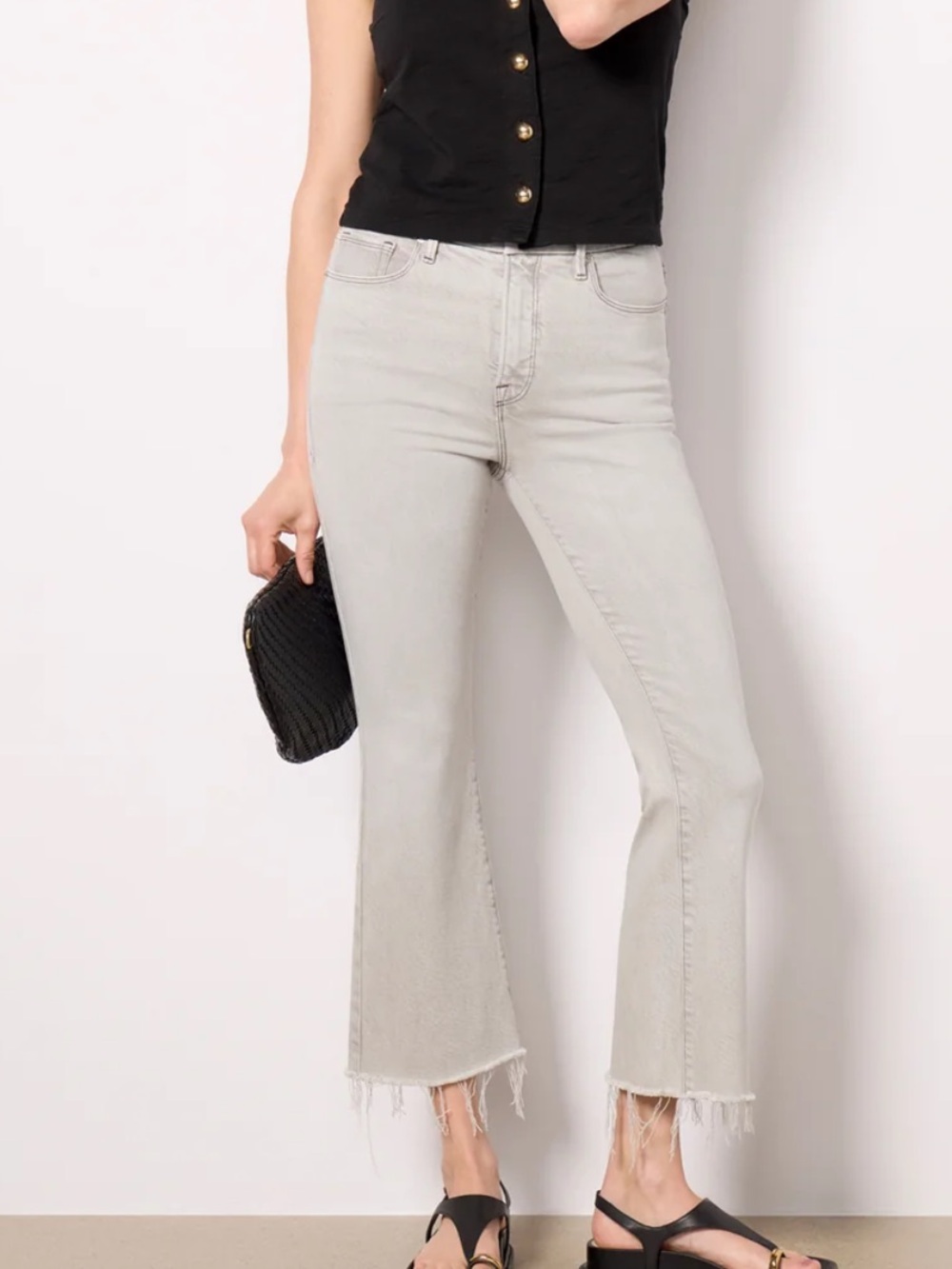 GOOD AMERICAN Good Legs Crop Mini Boot Jeans Amulet003 Grey Wash 6/28 Fray Hem
